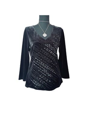 #55 WILLI SMITH ~ Black Velour V-Neck Sequined Long Sleeve Top size M